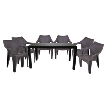 Santorini II New 6 személyes kerti bútor szett, antracit-barna asztallal, 6 db Tavira rattan székkel