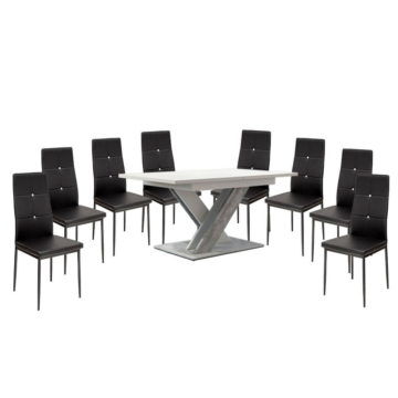 Maasix WTS Magasfényű Fehér-Szürke X 8 személyes étkezőszett Fekete Elvira székekkel