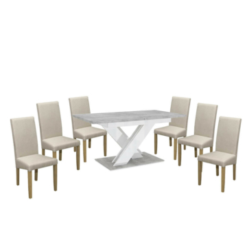 Maasix SWTG Magasfényű Fehér - Beton 6 személyes étkezőszett Bézs Vanda székekkel