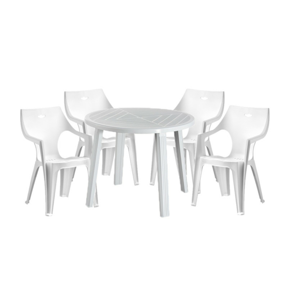 Genova 4 személyes kerti bútor szett, fehér asztallal, 4 db Rodosz fehér székkel